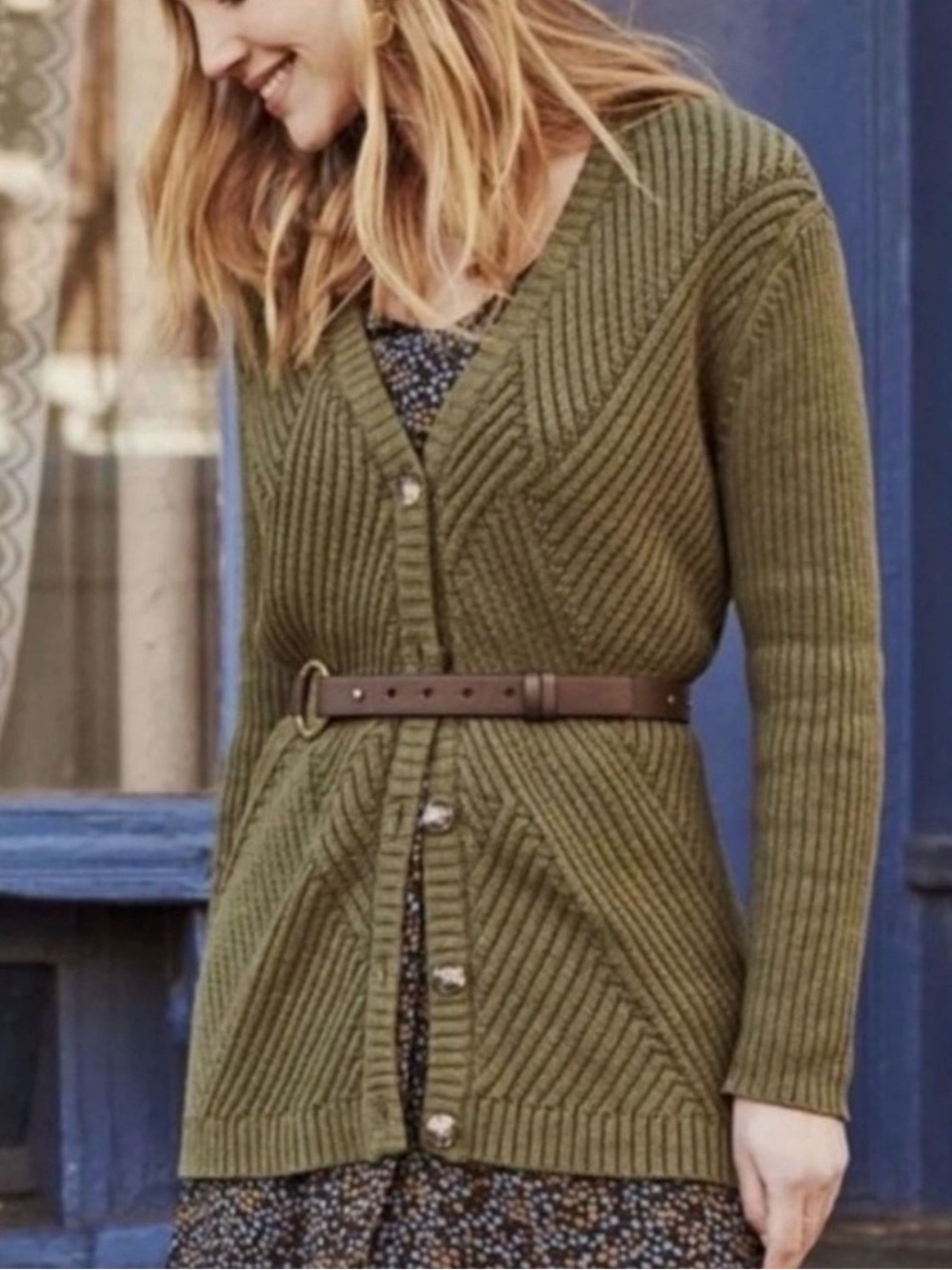 Cabi Aerial Textured Cable Knit Long Cardigan Sweater Loden Green XS
